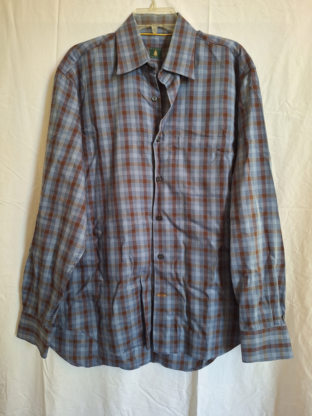 Robert Talbott Mens Plaid Long Sleeve Button-Up Shirt Rust/Gray Sz Large